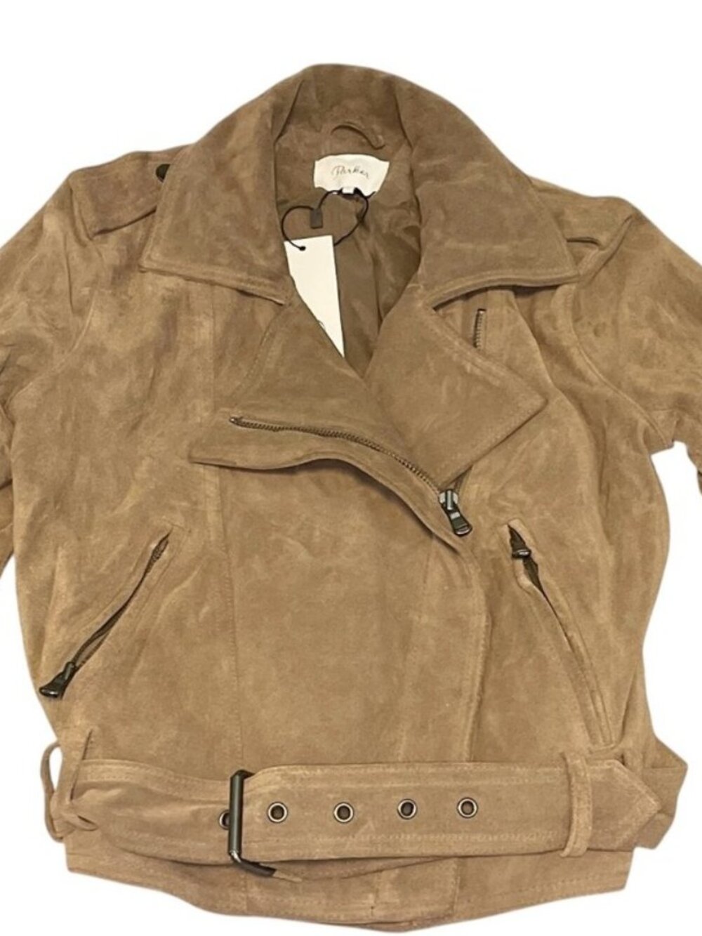 Parker Suede Moto Jacket XS Tan Beige Leather NWT Belted Biker MSRP $625 Women